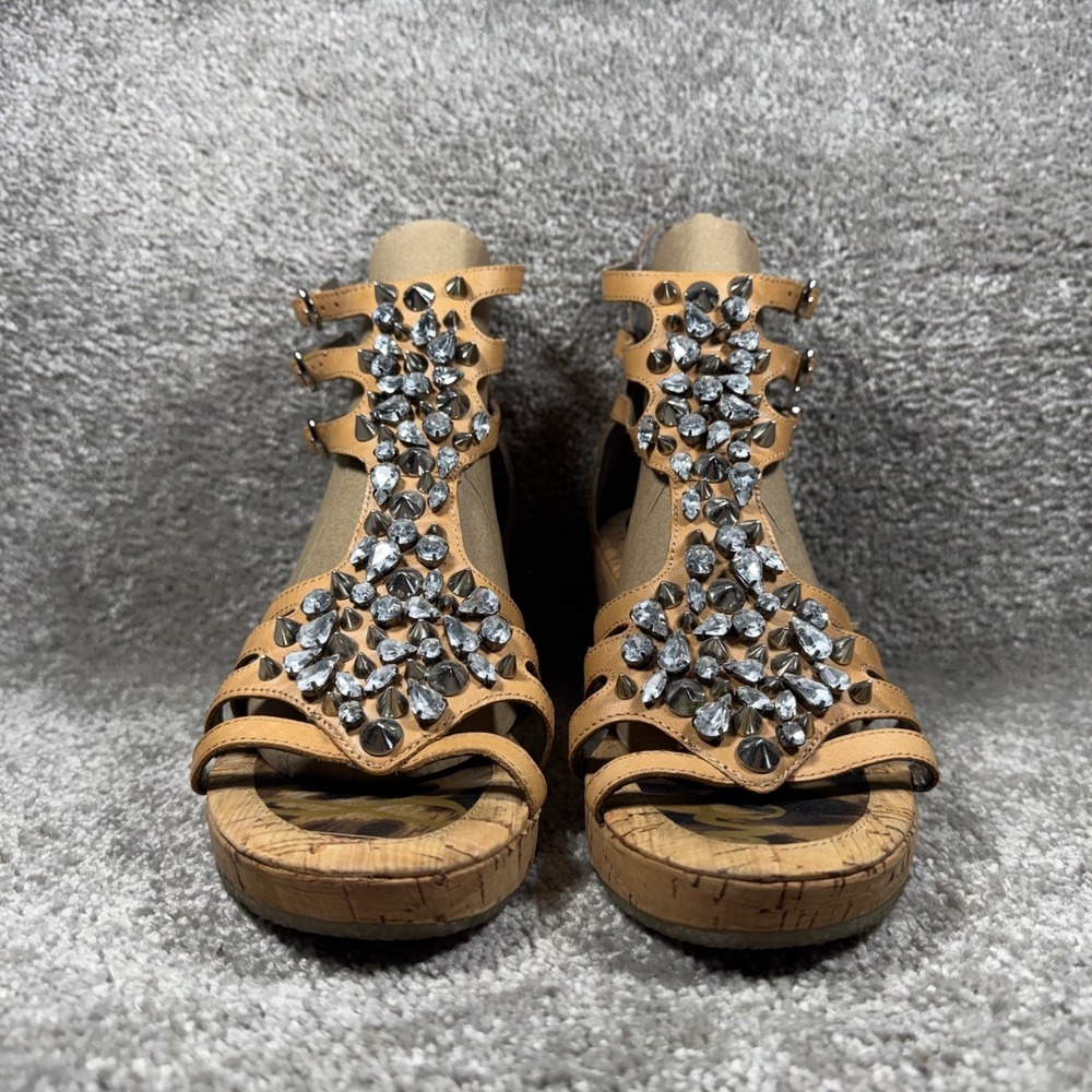 Sam Edelman‎ Nell Wedge Sandals Tan Leather Spiked Studded Gladiator Womens 6.5M